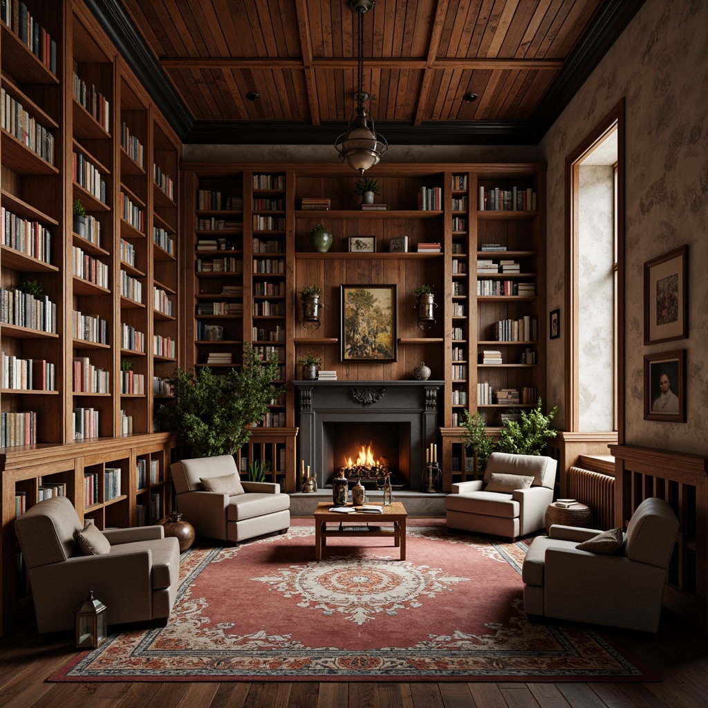 Prompt: Rustic library interior, wooden shelving units, distressed wood textures, earthy color palette, natural stone walls, vintage book collections, leather-bound tomes, metal lanterns, cozy reading nooks, plush armchairs, warm soft lighting, shallow depth of field, 1/1 composition, realistic wood grains, ambient occlusion, subtle dust particles.