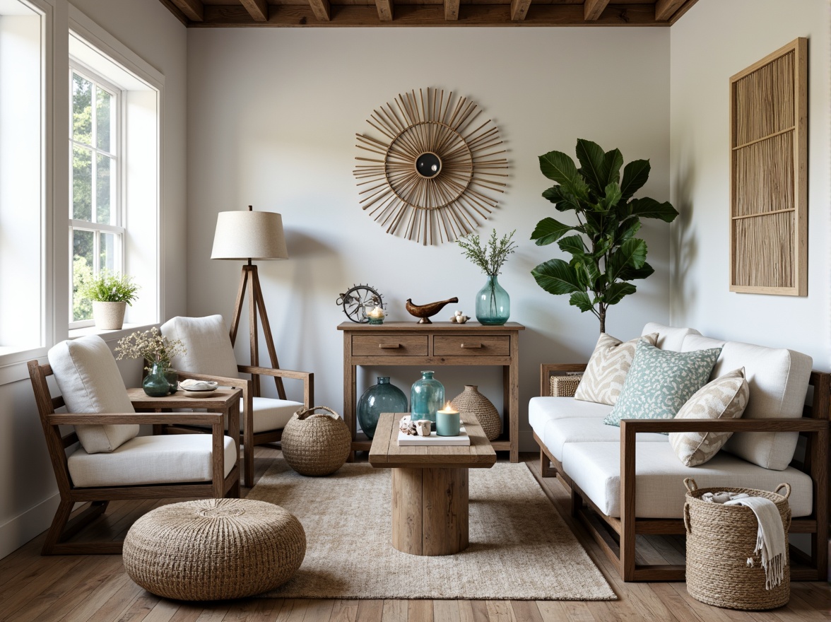 Prompt: Driftwood accents, natural linen fabrics, sea-glass vases, nautical rope details, distressed wood furniture, coral-inspired patterns, ocean-blue hues, soft candlelight, beachy textures, woven seagrass baskets, vintage navigation instruments, shells and pebbles decor, calming atmosphere, relaxed composition, 1/1 aspect ratio, warm color palette, subtle reflections.