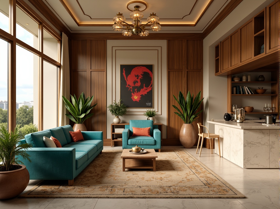 Prompt: Vibrant living room, warm beige walls, rich walnut wood furniture, plush velvet sofas, bold turquoise accents, metallic gold lighting fixtures, creamy white marble countertops, natural fiber rugs, earthy terracotta pots, lush greenery, soft warm glow, cozy atmosphere, 1/1 composition, realistic textures, ambient occlusion.