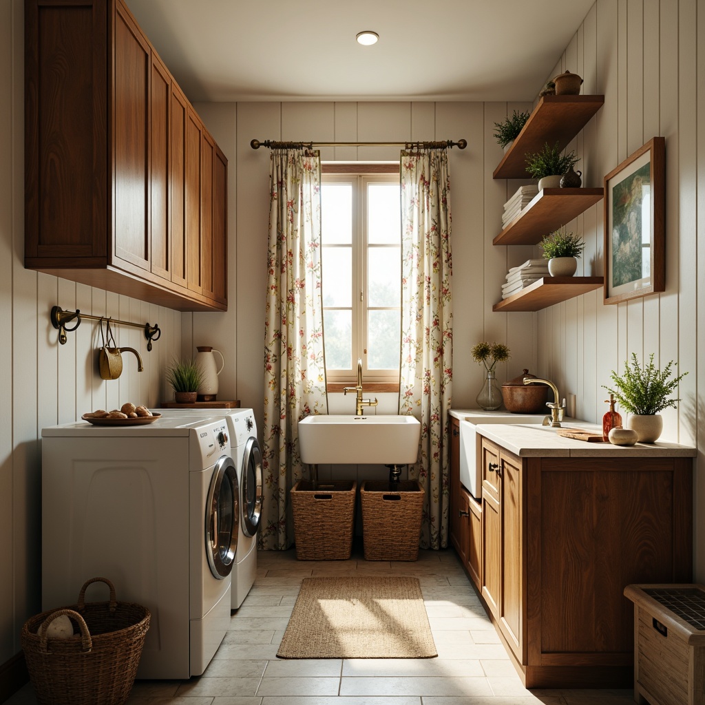 Prompt: Cozy laundry room, soft warm lighting, creamy white walls, dark wood cabinets, vintage metal appliances, woven wicker baskets, floral patterned curtains, natural stone flooring, distressed wood shelves, antique bronze fixtures, rustic iron hooks, warm beige countertops, soft pastel colors, gentle ambient glow, 1/1 composition, shallow depth of field, realistic textures.