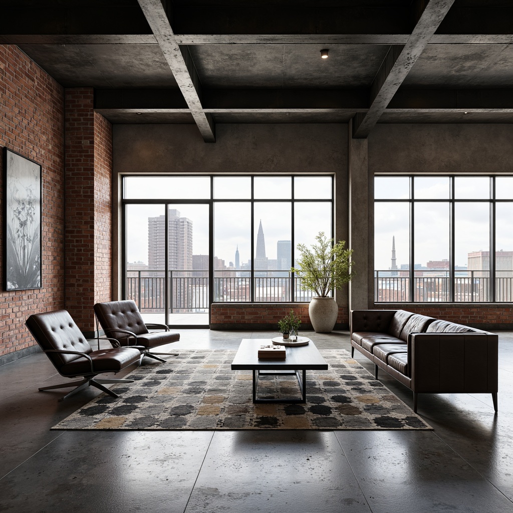 Prompt: Industrial loft interior, exposed brick walls, metal beams, polished concrete floors, minimalist decor, reclaimed wood accents, sleek low-profile furniture, tufted leather sofas, metallic coffee tables, geometric patterned rugs, urban skyline views, floor-to-ceiling windows, natural light pouring in, airy open space, functional simplicity, monochromatic color scheme, industrial chic ambiance, 3/4 composition, shallow depth of field, realistic textures.