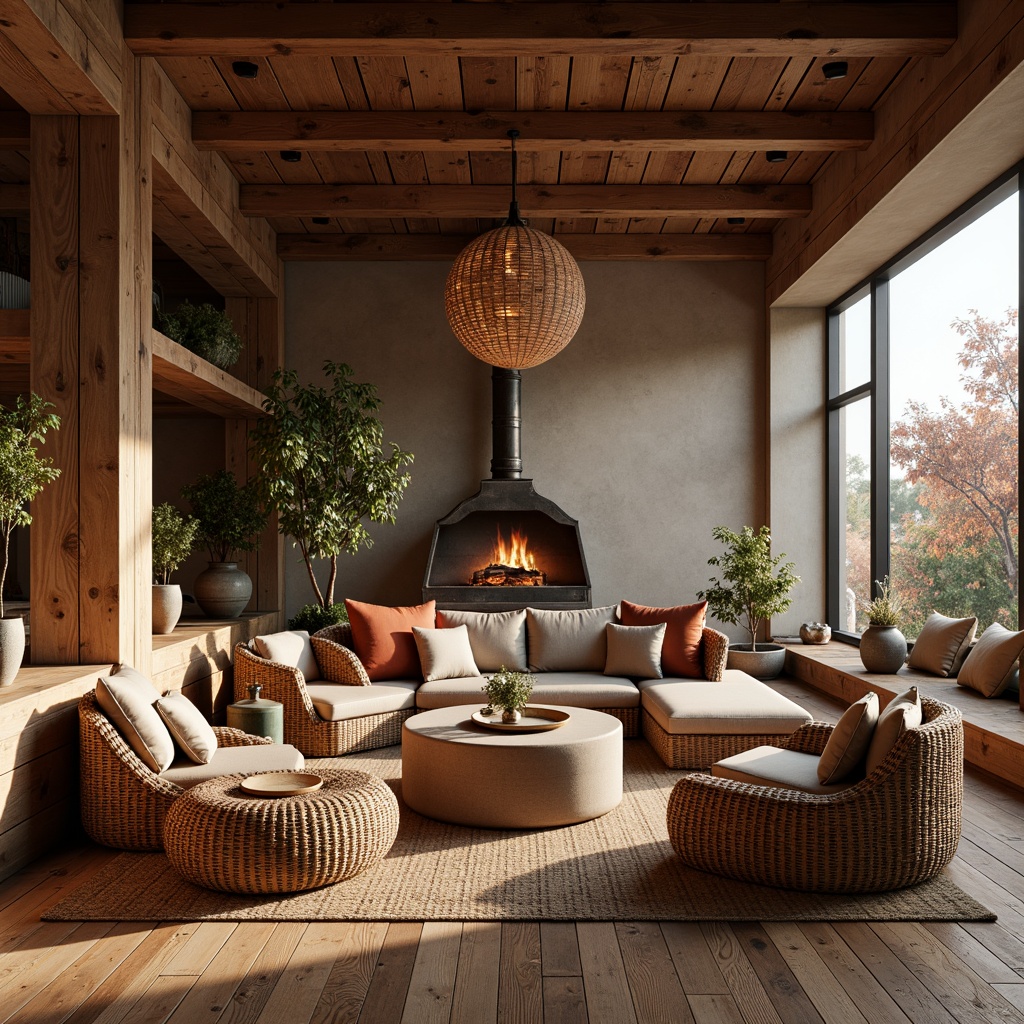 Prompt: Rustic wooden accents, earthy terracotta hues, woven rattan furniture, natural fiber textiles, organic stone features, reclaimed wood flooring, distressed metal details, vintage industrial machinery, exposed brick walls, soft warm lighting, atmospheric fog, cinematic depth of field, 1/1 composition, realistic materiality, ambient occlusion.