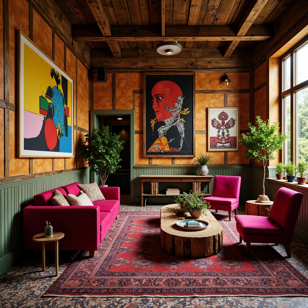 Prompt: Vibrant eclectic interior, bold color blocking, rich velvet fabrics, distressed wood accents, antique furniture pieces, ornate metalwork, Bohemian-inspired patterns, Moroccan tiles, statement lighting fixtures, plush area rugs, oversized vintage posters, lush greenery, warm golden lighting, shallow depth of field, 1/1 composition, realistic textures, ambient occlusion.