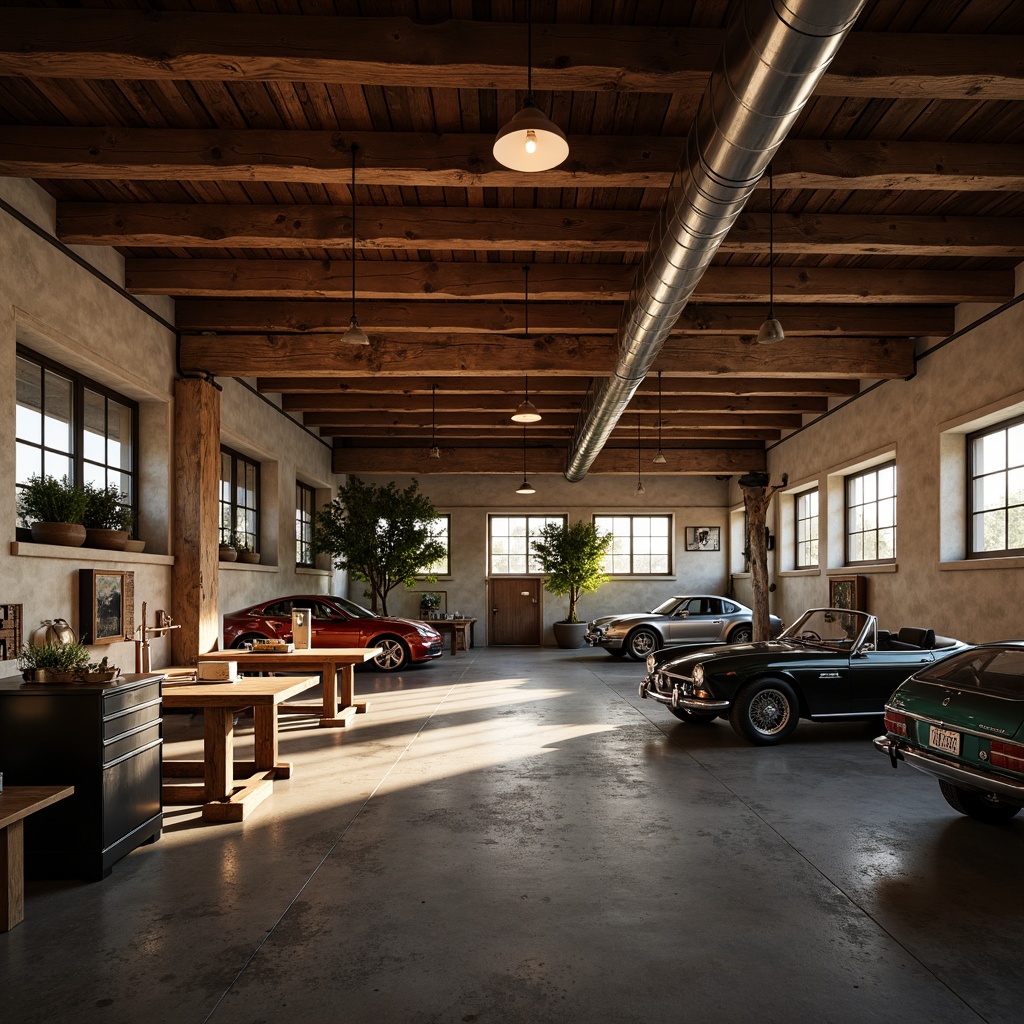 Prompt: Rustic family garage, wooden beams, earthy tones, vintage cars, toolboxes, metalwork benches, concrete floors, exposed ductwork, industrial pendant lamps, warm softbox lighting, cozy ambiance, morning sunlight, dramatic shadows, 1/1 composition, shallow depth of field, realistic textures, ambient occlusion.