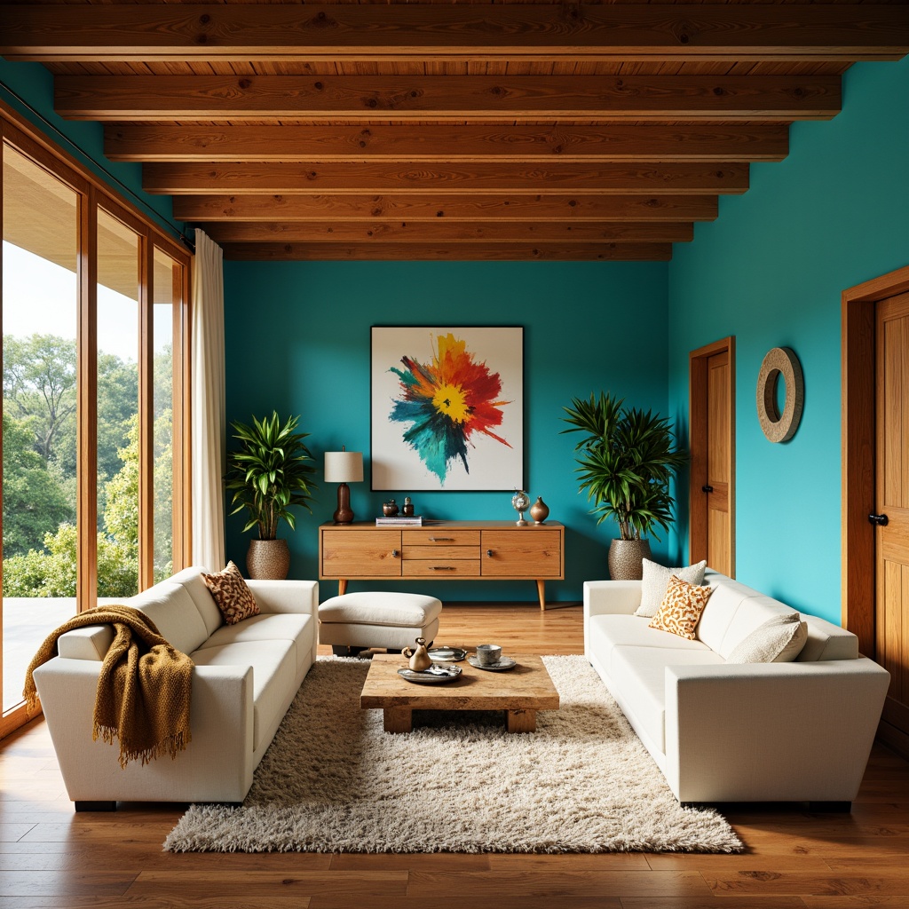 Prompt: Vibrant living room, eclectic furniture arrangement, bold turquoise walls, rich wood accents, creamy white sofas, plush area rugs, natural stone coffee tables, modern abstract artwork, floor-to-ceiling windows, abundant natural light, warm golden lighting, shallow depth of field, 3/4 composition, panoramic view, realistic textures, ambient occlusion.