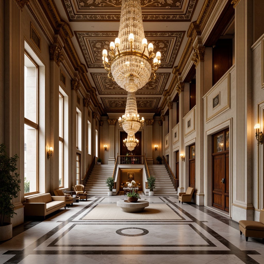 Prompt: Grandiose bank building, imposing columns, symmetrical facade, ornate details, polished marble floors, elegant chandeliers, stately staircase, lavish furnishings, refined wood paneling, subtle patterns, harmonious color palette, warm golden lighting, shallow depth of field, 1/2 composition, precise geometric shapes, ornamental motifs, classical architectural elements, solemn atmosphere.