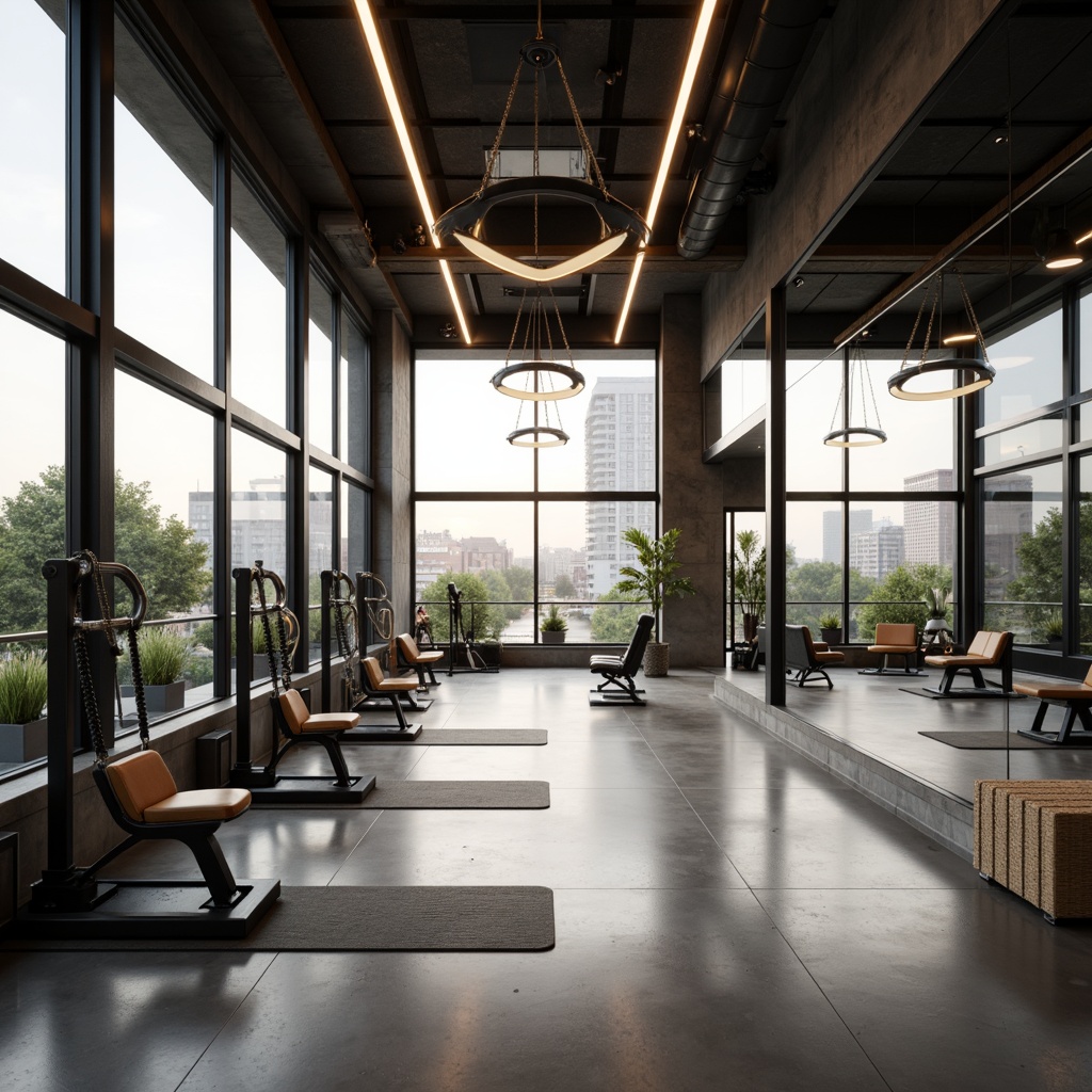 Prompt: Modern fitness club interior, sleek minimalistic furniture, mirrored walls, polished concrete floors, industrial metal beams, functional training equipment, free weights, cardio machines, yoga mats, natural wood accents, geometric lighting fixtures, soft ambient glow, 3/4 composition, shallow depth of field, realistic textures, ambient occlusion, urban cityscape views, morning sunlight, airy atmosphere, calming color palette.Please let me know if this meets your expectations!