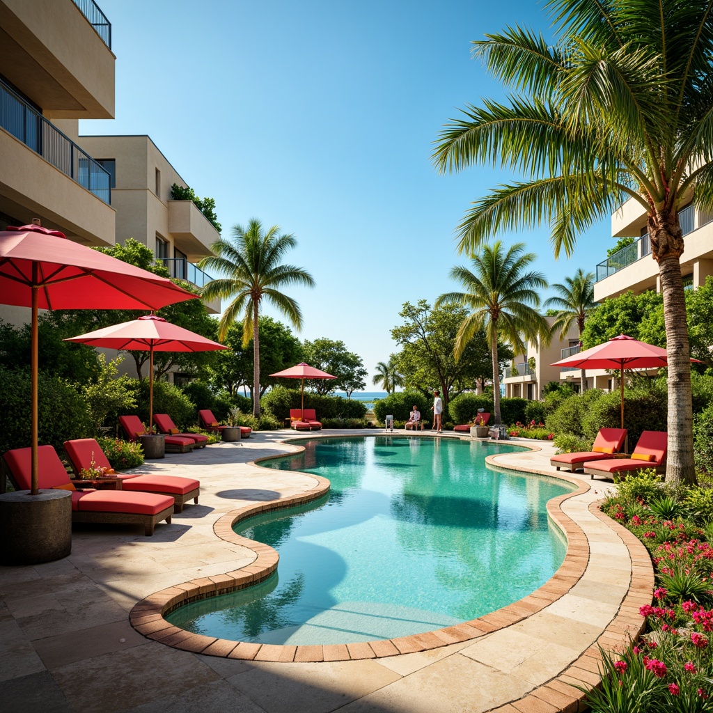 Prompt: Vibrant turquoise pool water, sun-kissed deck, lush green palm trees, natural stone coping, warm beige concrete pavers, colorful outdoor furniture, plush lounge chairs, umbrella canopies, tropical floral arrangements, bright coral accents, refreshing misting system, sunny day, soft warm lighting, shallow depth of field, 3/4 composition, panoramic view.