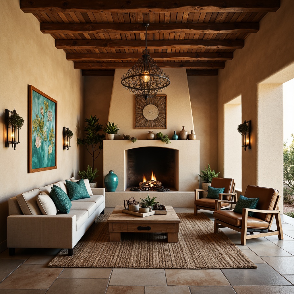 Prompt: Earth-toned adobe walls, rough-hewn wooden accents, vibrant turquoise ceramics, woven Native American patterns, rustic metal lighting fixtures, natural fiber rugs, cozy fireplaces, plush sectional sofas, reclaimed wood coffee tables, warm beige stucco textures, distressed leather armchairs, desert botanical prints, Southwestern-inspired geometric motifs, soft warm lighting, 1/2 composition, shallow depth of field, realistic texture rendering.