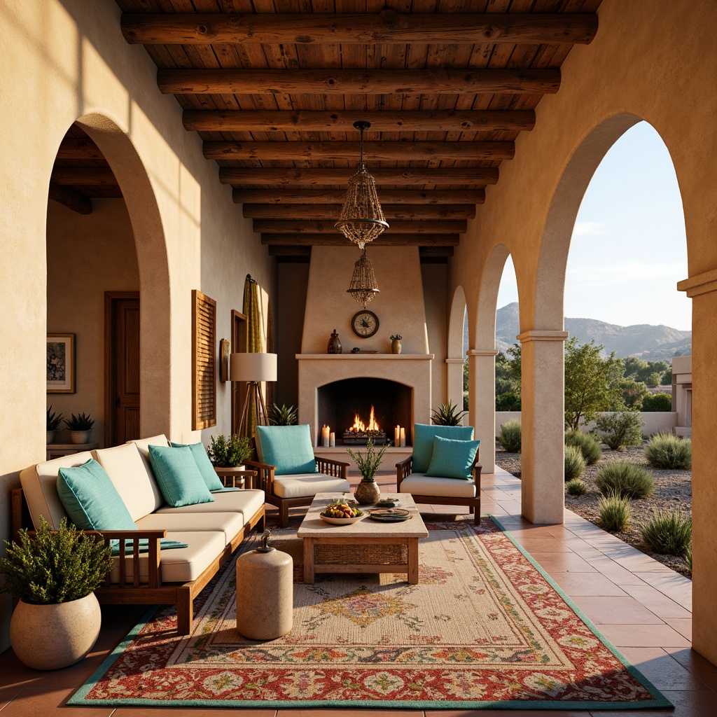 Prompt: Southwestern-style adobe walls, rustic wooden beams, vibrant turquoise accents, natural woven textiles, earthy terracotta floors, Spanish-inspired archways, wrought iron lighting fixtures, ornate tile work, colorful geometric patterns, plush area rugs, cozy fireplaces, desert landscape views, warm golden lighting, shallow depth of field, 2/3 composition, realistic textures, ambient occlusion.