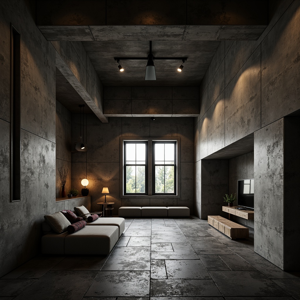 Prompt: Raw concrete walls, brutalist architecture, industrial aesthetic, exposed ductwork, steel beams, minimalist seating, dramatic spotlights, dark-toned wood accents, rugged stone floors, asymmetrical composition, abstract geometric patterns, moody atmospheric lighting, cinematic shading, high-contrast textures, realistic materiality.