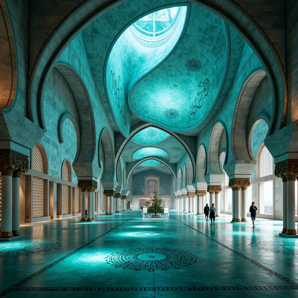 Prompt: Ethereal mosque, sweeping curves, organic forms, iridescent domes, holographic minarets, glowing accents, translucent stone walls, recycled glass mosaics, sustainable wood carvings, eco-friendly concrete arches, vibrant turquoise tiles, intricate geometric patterns, futuristic calligraphy, ambient LED lighting, shallow depth of field, 1/2 composition, cinematic perspective, realistic reflections, subtle fog effects.