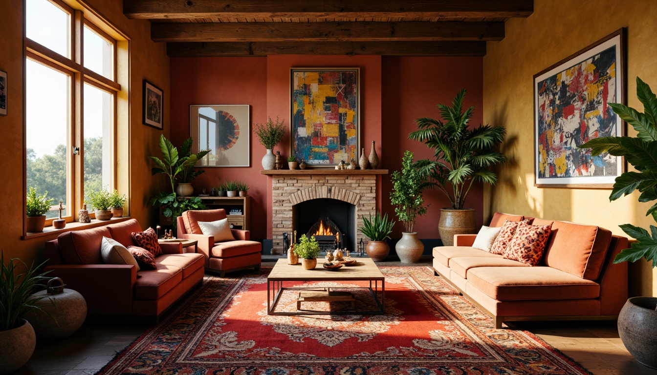 Prompt: Vibrant bohemian living room, rich velvet fabrics, distressed wooden furniture, vintage decorative items, eclectic art pieces, bold patterned rugs, warm golden lighting, earthy tone walls, natural stone accents, lush greenery, abstract expressionist artwork, whimsical accessories, mixed metallic finishes, global-inspired textiles, soft warm glow, shallow depth of field, 1/1 composition, realistic textures.