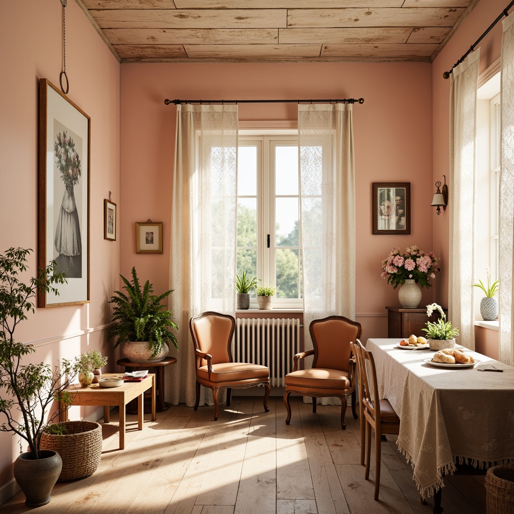 Prompt: Soft peach walls, distressed wood accents, vintage metal fixtures, lace curtains, floral patterns, pastel hues, ornate furnishings, antique decorative items, rustic wooden floors, worn leather armchairs, creamy whites, warm beige tones, soft golden lighting, romantic ambiance, whimsical illustrations, watercolor textures, dreamy atmosphere, 1/2 composition, intimate close-ups, delicate shadows, subtle gradient maps.