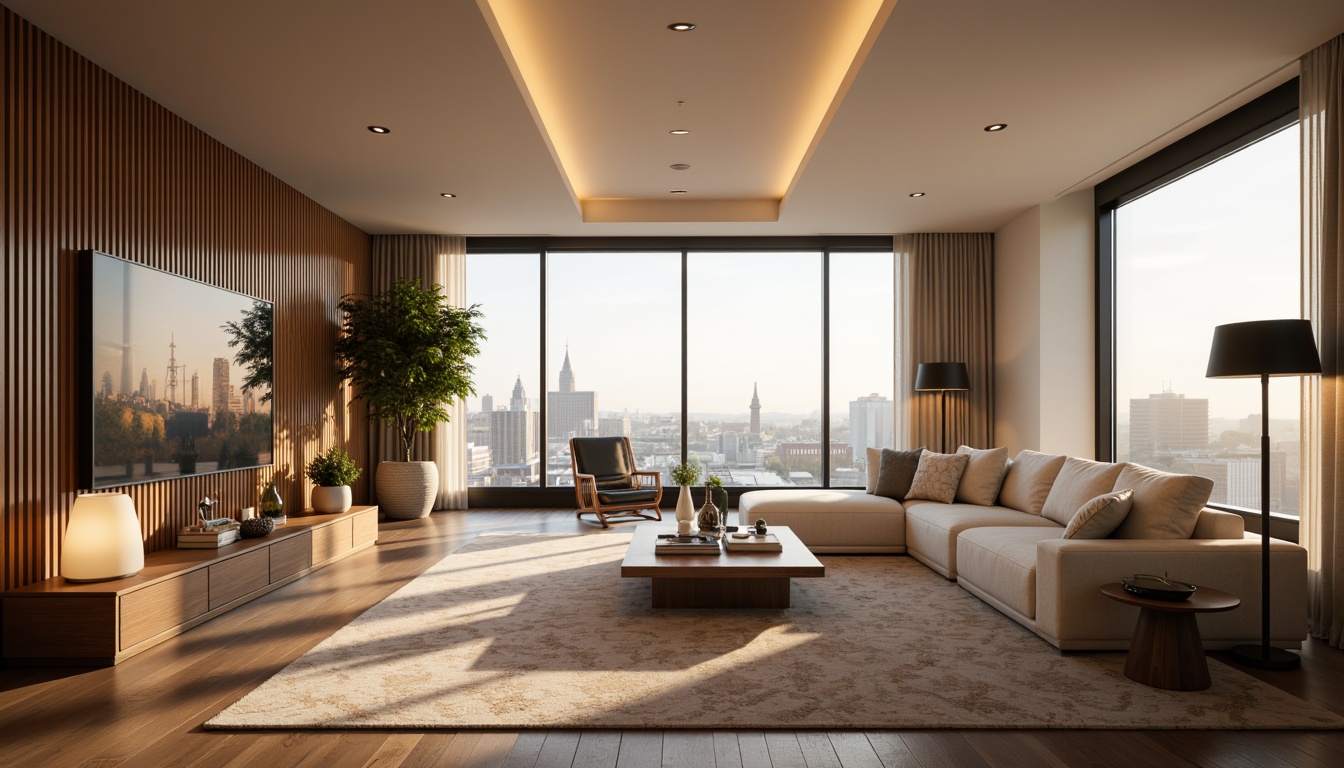 Prompt: Sleek modern living room, low-profile ceiling lights, recessed LED strips, minimalist floor lamps, polished chrome fixtures, frosted glass shades, curved lines, geometric patterns, warm beige tones, rich wood accents, plush area rugs, comfortable sectional sofas, abstract art pieces, cityscape views, bright morning light, soft warm glow, shallow depth of field, 2/3 composition, realistic textures, ambient occlusion.