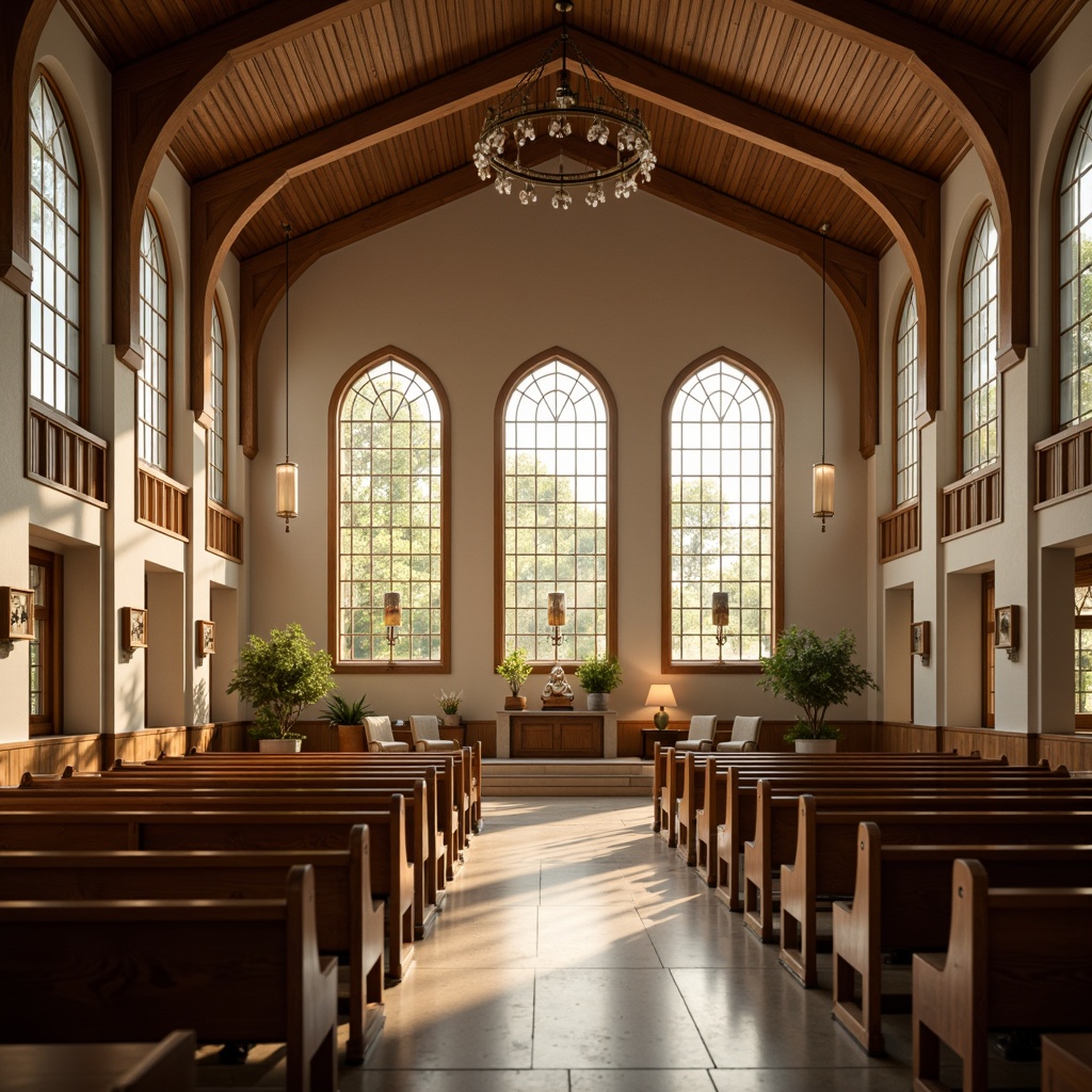 Prompt: Serene church interior, wooden pews, stained glass windows, ornate chandeliers, acoustic panels, sound-absorbing materials, reverberation reduction, clear vocal clarity, warm natural light, soft ambient glow, minimalist decor, elegant architecture, high ceilings, open spaces, subtle color palette, peaceful atmosphere, 1/2 composition, shallow depth of field, realistic textures, ambient occlusion.