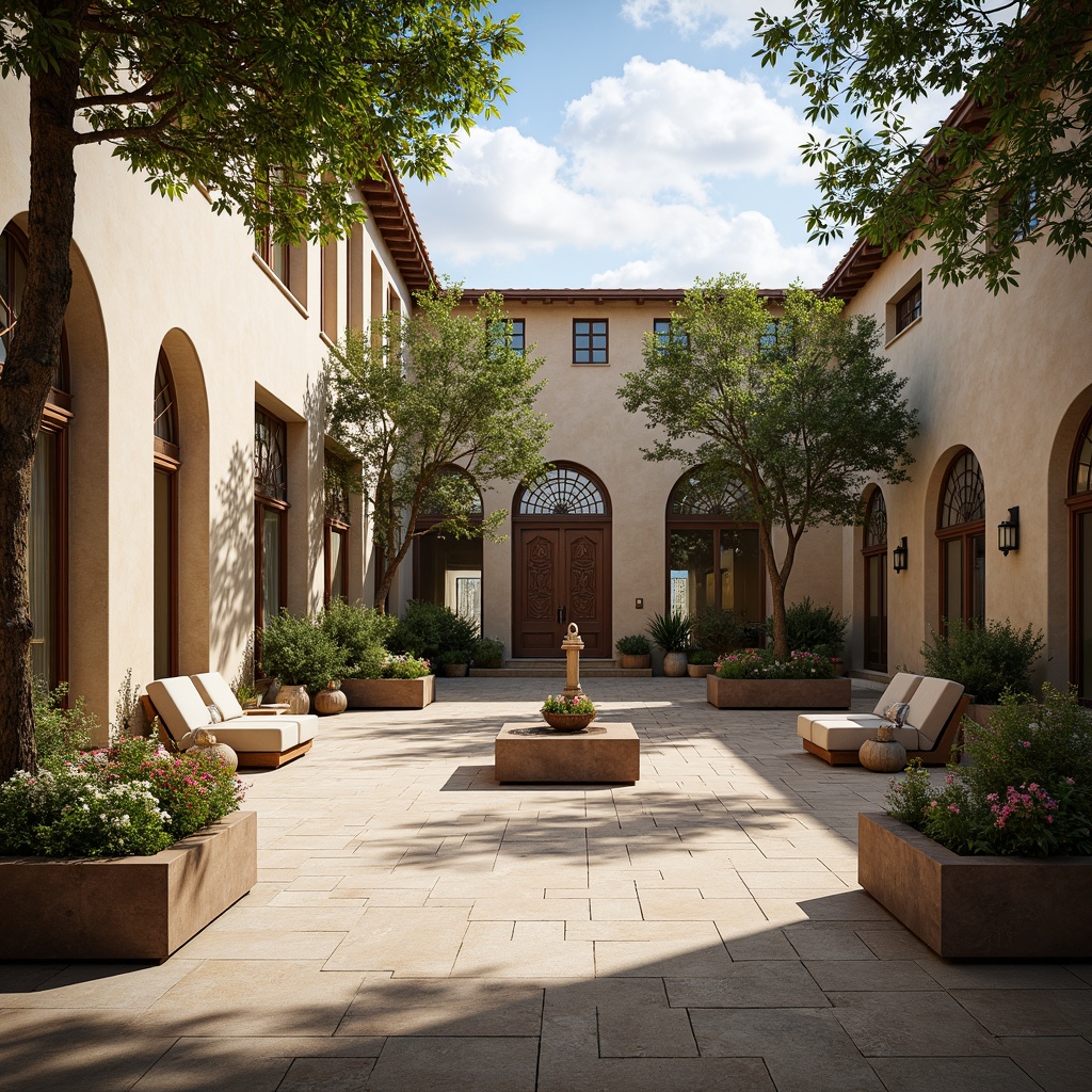 Prompt: Tranquil courtyard, lush olive trees, vibrant bougainvillea, rustic stone flooring, arched doorways, ornate wrought iron gates, creamy stucco walls, terra cotta rooftops, soft warm lighting, shallow depth of field, 3/4 composition, panoramic view, realistic textures, ambient occlusion, natural linen drapes, distressed wood accents, vintage ceramic tiles, earthy color palette, airy vaulted ceilings, grand entrance halls, sweeping staircases, intimate seating areas.