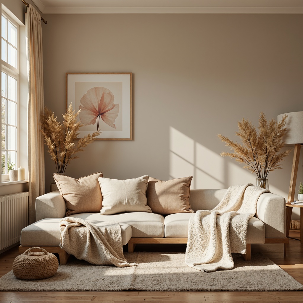 Prompt: Cozy family room, Scandinavian style, warm beige walls, light wood furniture, plush throw blankets, soft pastel colors, calming atmosphere, natural textiles, woven baskets, minimalist decor, warm candlelight, softbox shadows, 1/1 composition, realistic wood grain, ambient occlusion.