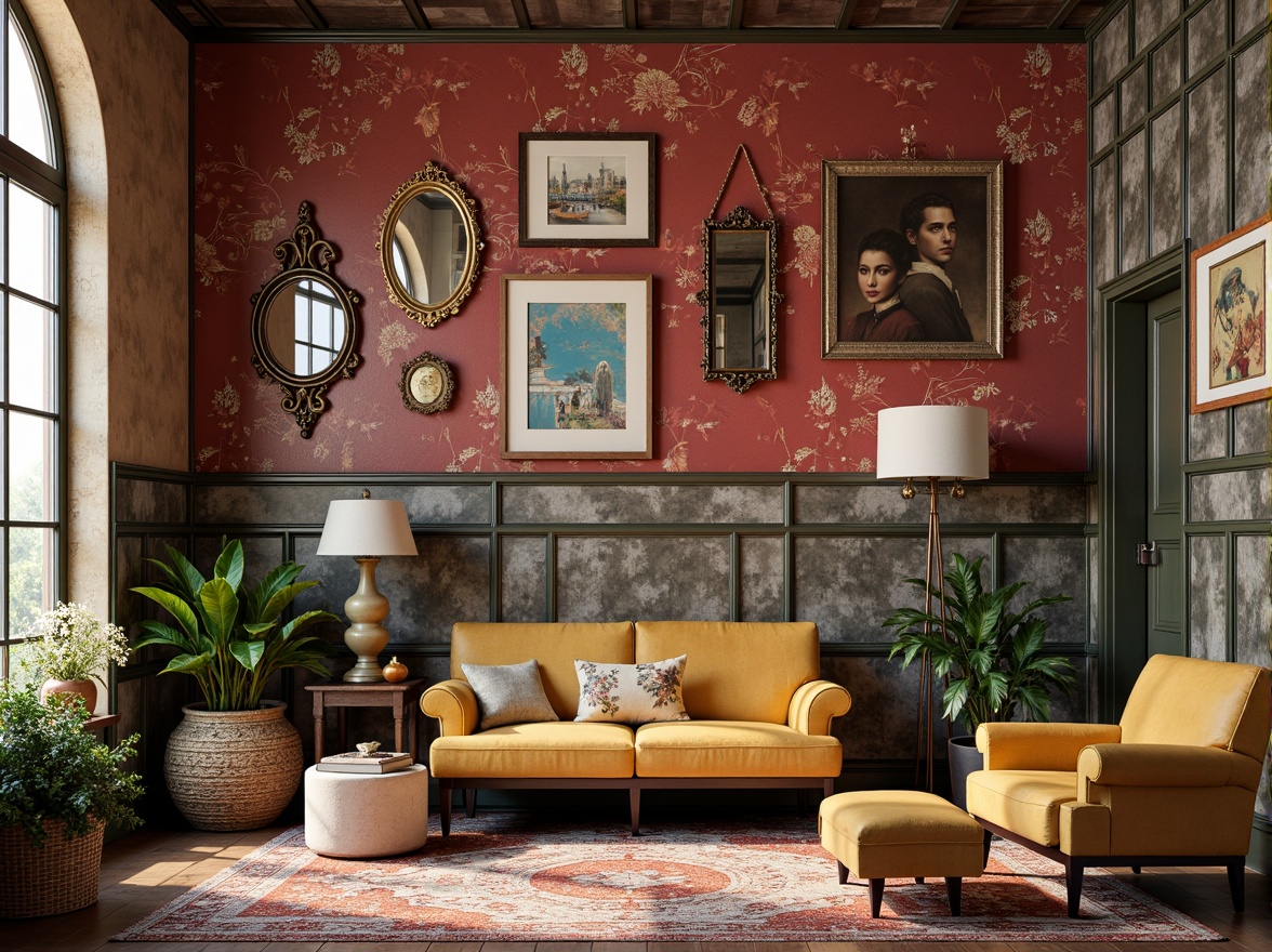 Prompt: Vibrant accent walls, bold patterned wallpaper, distressed wood planks, eclectic art pieces, mix-and-match frame styles, ornate mirrors, textured stucco finishes, industrial metal accents, bohemian-inspired textiles, natural fiber rugs, warm ambient lighting, shallow depth of field, 1/1 composition, realistic textures, soft focus effect.