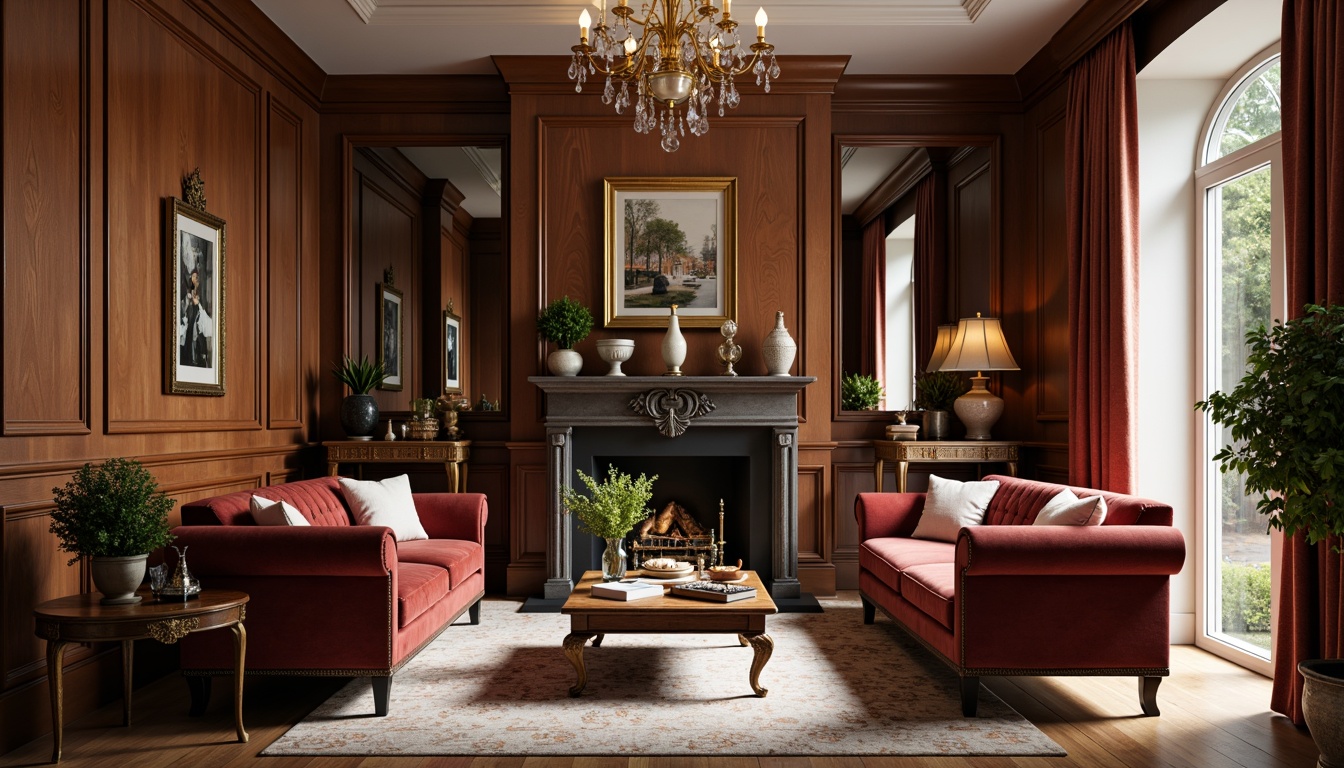 Prompt: Luxurious living room, rich wood tones, velvet sofas, antique armchairs, ornate coffee tables, carved wooden legs, tufted upholstery, golden accents, crystal chandeliers, marble fireplaces, neutral color palette, soft warm lighting, shallow depth of field, 3/4 composition, realistic textures, ambient occlusion.