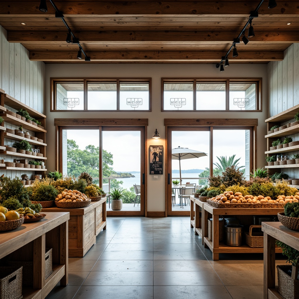 Prompt: Coastal-style grocery store interior, abundant natural light, large windows, sliding glass doors, ocean-inspired color palette, distressed wood accents, driftwood shelves, woven sea grass baskets, nautical-themed signage, rustic metal lanterns, soft warm lighting, 1/1 composition, shallow depth of field, relaxed atmosphere, calming ambiance, earthy tones, organic produce displays, artisanal food arrangements, reclaimed wood countertops, beachy vibe.