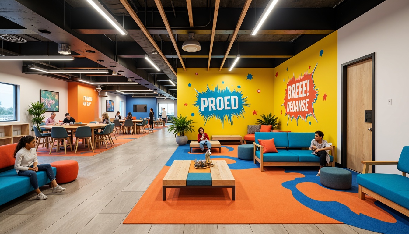 Prompt: Vibrant youth center, energetic atmosphere, bold color scheme, bright hues, playful accents, motivational quotes, inspirational murals, modern furniture, comfortable seating areas, natural wood tones, pops of yellow, orange, and blue, industrial-style lighting fixtures, urban-chic decor, open spaces, collaborative zones, dynamic patterns, youthful energy, lively vibe, stimulating ambiance, warm and inviting atmosphere, functional layout, flexible design, technology-integrated amenities.