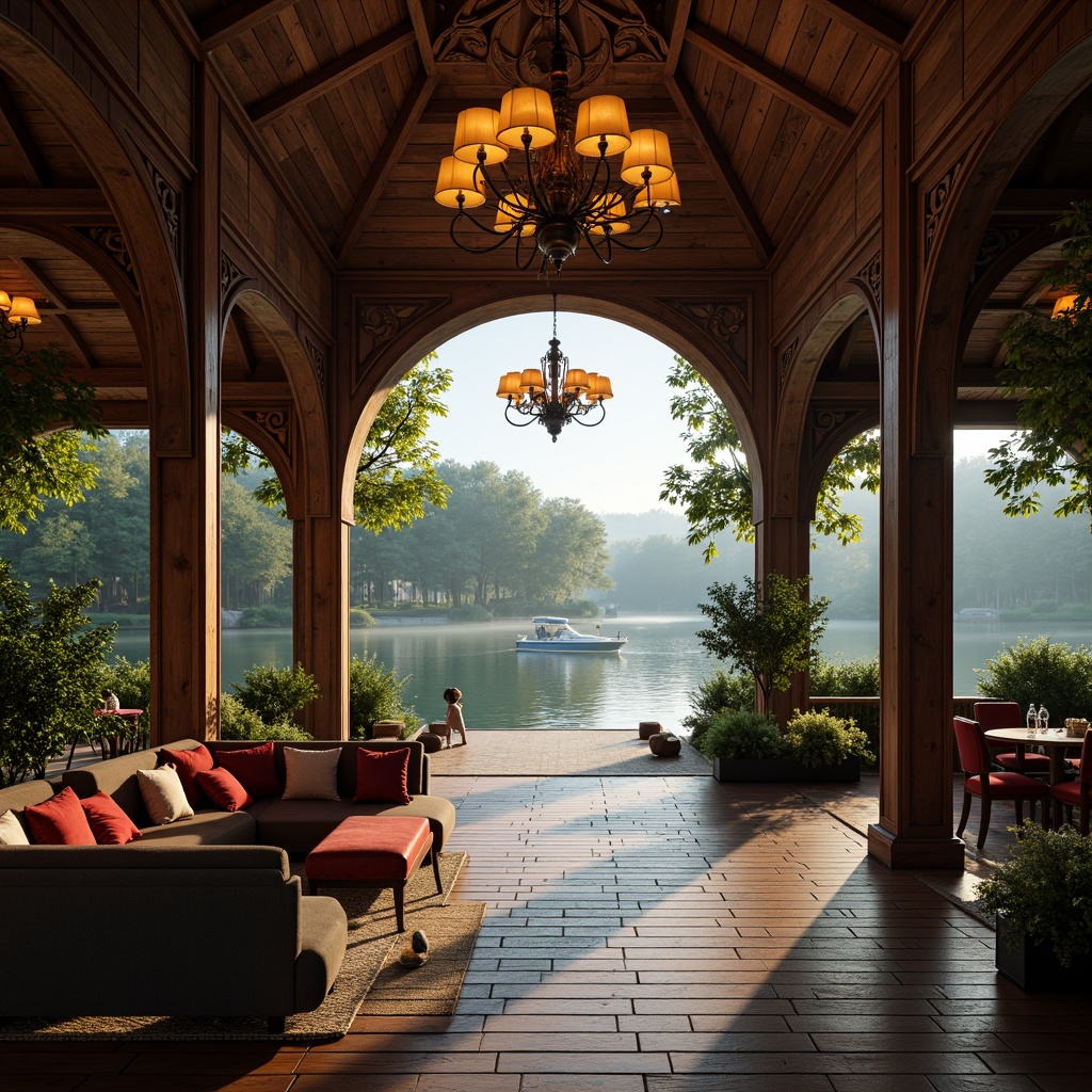 Prompt: Rustic wooden dock, ornate boathouse, Baroque-inspired architecture, curved lines, intricate carvings, grandiose entrance, luxurious chandeliers, lavish furnishings, rich textiles, warm golden lighting, cozy intimate atmosphere, waterfront location, serene lake views, surrounding lush greenery, misty morning ambiance, soft focus effect, 1/2 composition, atmospheric perspective, detailed ornaments, realistic wood textures.