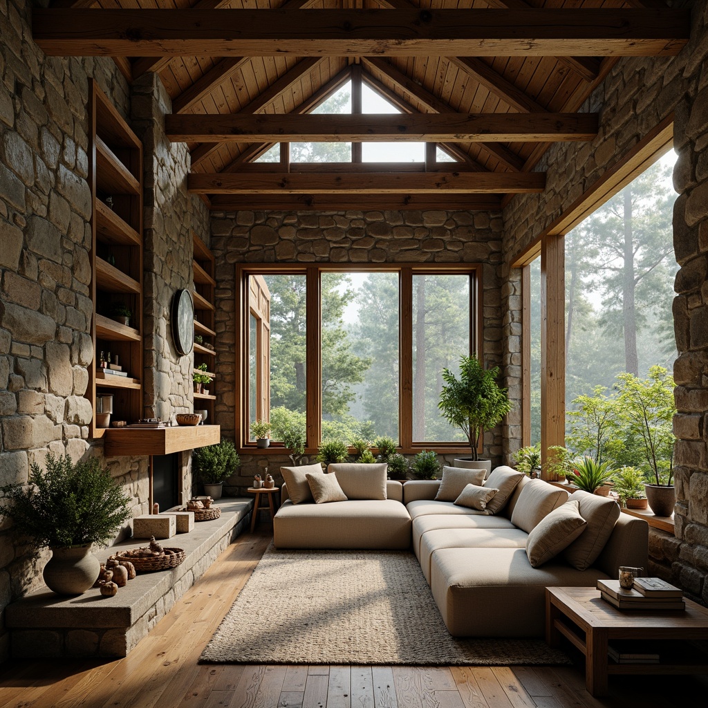 Prompt: Rustic mountain lodge, natural stone walls, reclaimed wooden beams, earthy color palette, woven textiles, organic patterns, minimal ornamentation, warm cozy ambiance, soft diffused lighting, shallow depth of field, 2/3 composition, intimate scale, authentic materials, weathered wood accents, living green roofs, eco-friendly construction, serene forest surroundings, misty morning atmosphere.