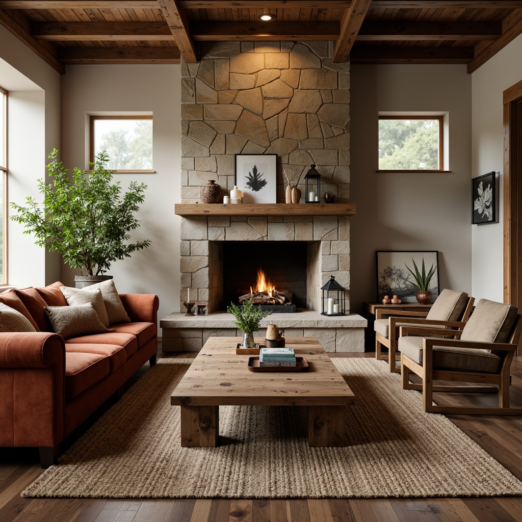 Prompt: Rustic-luxe living room, plush velvet sofa, reclaimed wood coffee table, natural stone fireplace, earthy tone color palette, distressed leather armchairs, vintage metal lanterns, woven jute rug, wooden beam ceiling, warm cozy lighting, soft focus, shallow depth of field, 1/2 composition, realistic textures, ambient occlusion.