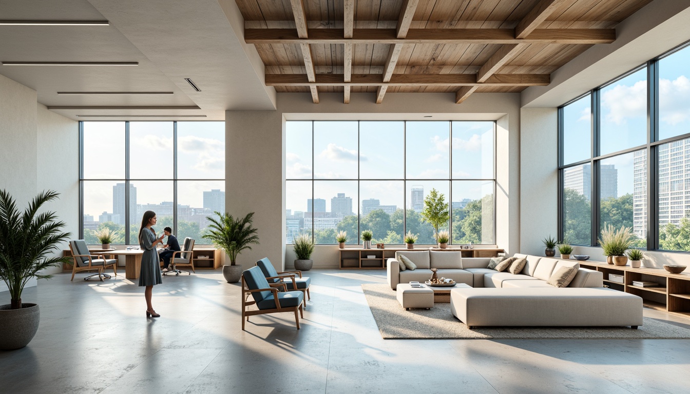 Prompt: Professional corporate office, modern minimalist decor, calming neutral tones, creamy whites, soft grays, blues and greens, natural wood accents, sleek metal fixtures, floor-to-ceiling windows, abundant natural light, subtle texture variations, 1/1 composition, realistic reflections, ambient occlusion.