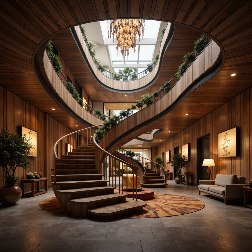 Prompt: Spiral staircase, fluid curves, organic shapes, luxurious materials, rich wood tones, polished metal railings, suspended floating steps, dramatic vertical connections, grand entrance halls, opulent chandeliers, soft warm lighting, atmospheric misting, cinematic camera angles, 1/2 composition, shallow depth of field, realistic textures, ambient occlusion.