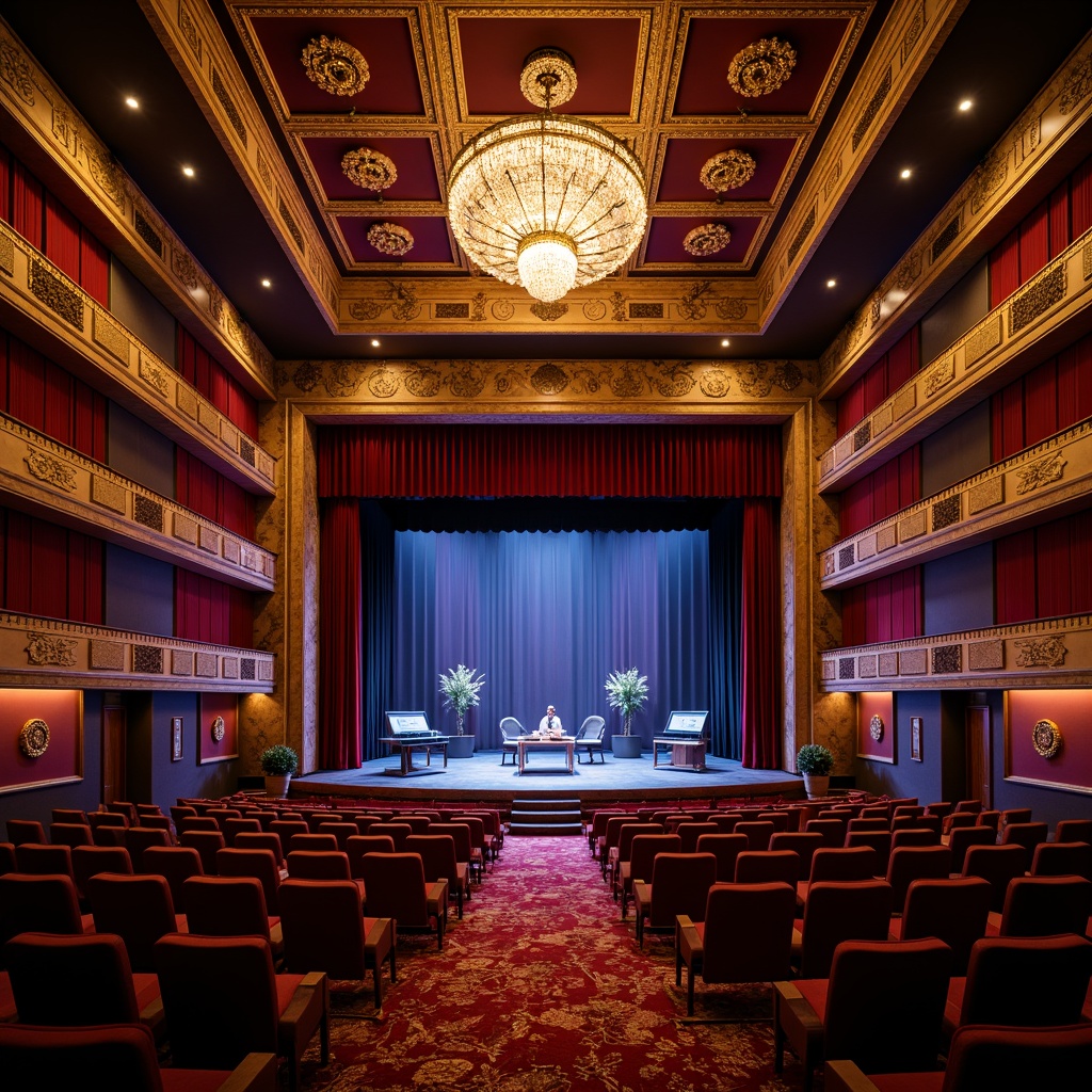 Prompt: Luxurious theater interior, premium acoustic panels, sound-absorbing materials, dark wood accents, plush velvet seats, golden ornate details, crystal chandeliers, grand stage presence, professional audio equipment, microphone stands, speaker systems, soundboards, optimal sound quality, warm ambient lighting, 1/2 composition, shallow depth of field, realistic textures, cinematic atmosphere.