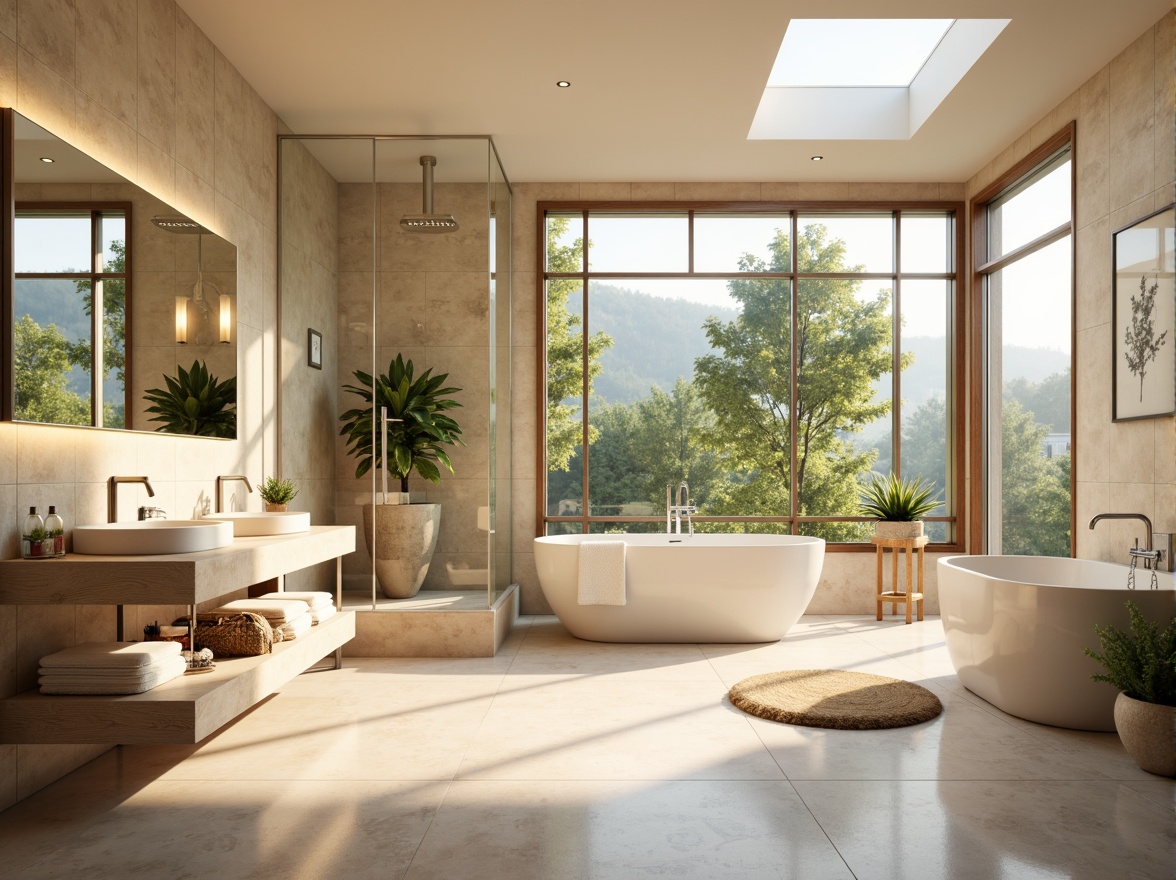 Prompt: Vibrant bathroom, large windows, skylights, soft natural light, warm beige tones, creamy marble countertops, sleek chrome fixtures, minimalist shower design, glass enclosure, rainfall showerhead, freestanding tub, ambient LED lighting, gentle water mist, spa-like atmosphere, morning sunlight, shallow depth of field, 1/1 composition, panoramic view, realistic reflections.