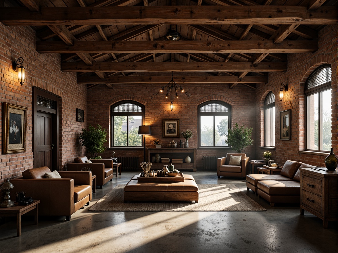 Prompt: Rustic wooden beams, exposed brick walls, polished concrete floors, industrial metal accents, reclaimed wood furniture, vintage decorative items, cozy throw blankets, warm soft lighting, atmospheric shadows, classic architectural details, ornate metal railings, distressed leather upholstery, earthy tone color palette, natural fiber textiles, eclectic art pieces, lived-in feel, nostalgic ambiance, cinematic composition, high contrast lighting, dramatic shadows.