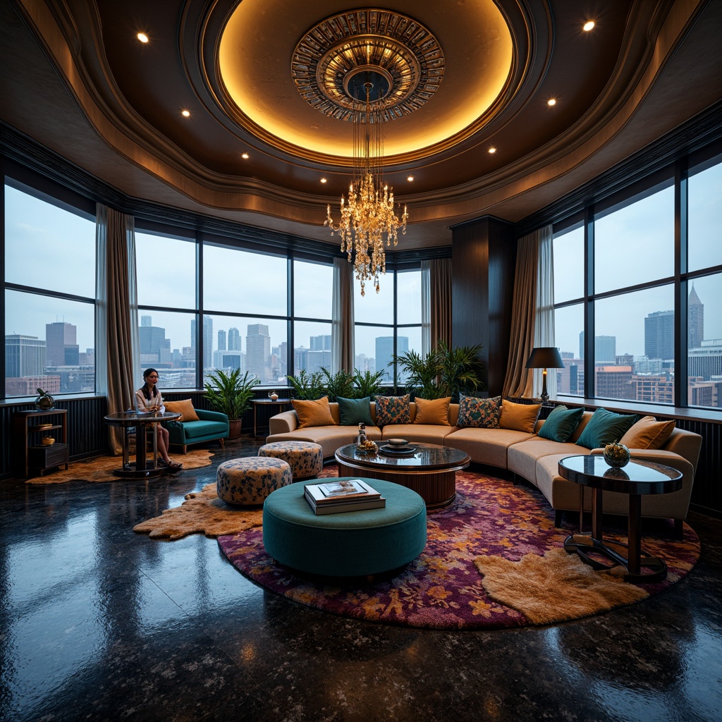 Prompt: Luxurious penthouse, opulent furnishings, lavish decor, rich jewel tones, emerald green accents, sapphire blue hues, amethyst purple shades, metallic gold fixtures, marble countertops, crystal chandeliers, floor-to-ceiling windows, breathtaking city views, warm golden lighting, 1/1 composition, cinematic colors, deep shadows, high-contrast ratios, atmospheric misting effects.