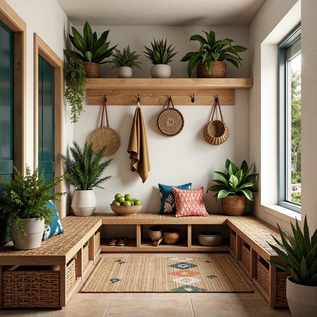 Prompt: Tropical mudroom, woven rattan furniture, natural fiber rugs, wooden storage benches, woven baskets, exotic plants, bright colorful textiles, bold geometric patterns, coastal-inspired decor, weathered wood accents, modern minimalist shelving, industrial metal hooks, warm soft lighting, shallow depth of field, 1/1 composition, realistic textures, ambient occlusion.