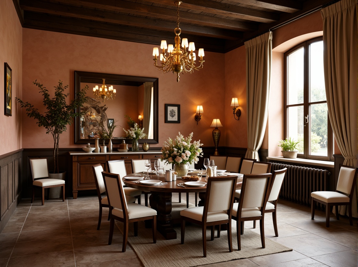 Prompt: Warm dining room, earthy tone walls, rich walnut wood furniture, soft cream upholstery, subtle golden accents, elegant chandeliers, natural stone floors, cozy area rug, intimate candlelight, warm beige curtains, inviting atmosphere, 1/2 composition, shallow depth of field, softbox lighting, realistic textures.