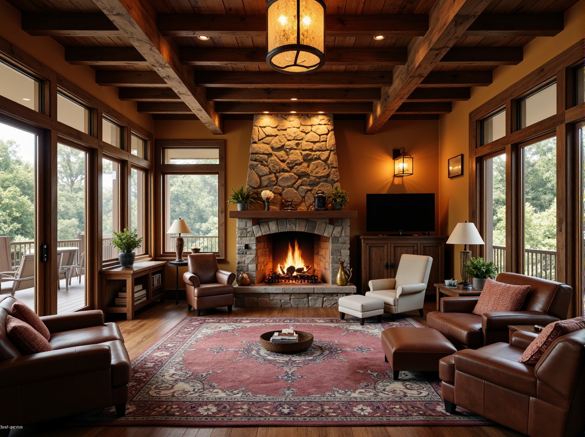 Prompt: Warm craftsman interior, rustic wooden beams, earthy color palette, natural stone fireplace, cozy reading nook, vintage metal lanterns, warm bronze lighting fixtures, pendant lights with seeded glass shades, distressed wood accents, plush area rugs, rich leather upholstery, soft warm glow, shallow depth of field, 1/1 composition, intimate atmosphere, realistic textures, ambient occlusion.