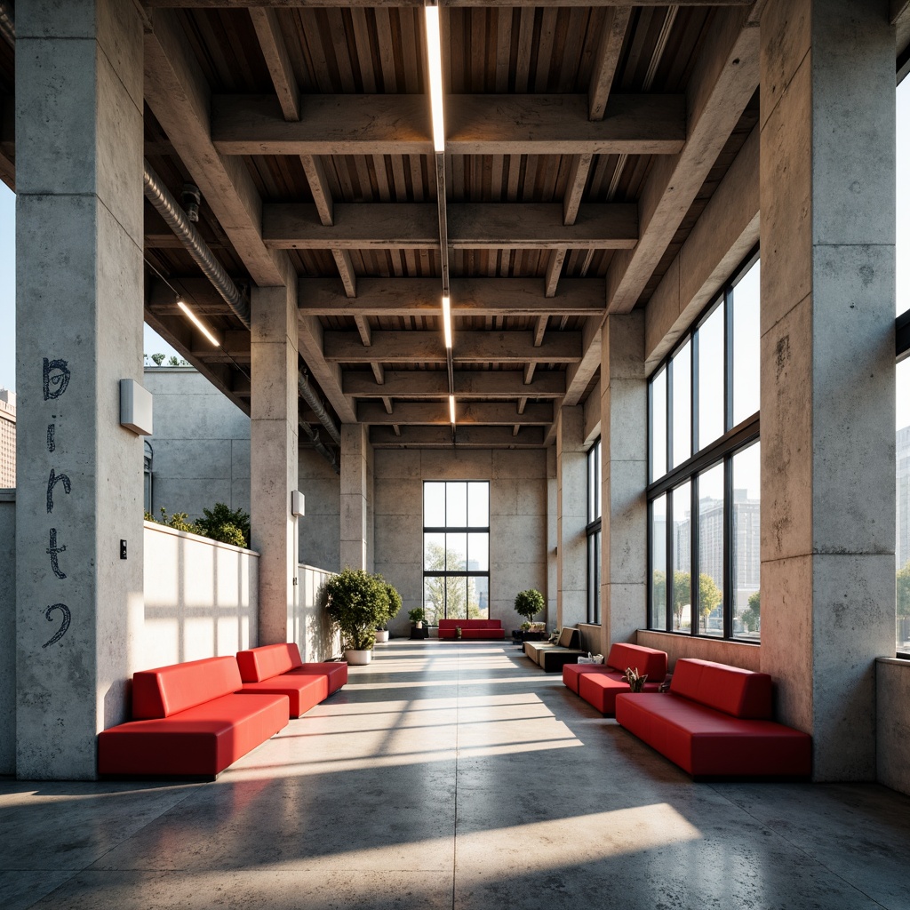 Prompt: Raw concrete walls, brutalist architecture, industrial aesthetic, exposed ductwork, metal beams, dramatic high ceilings, steeped seating, vibrant red accents, minimalist lighting fixtures, geometric patterns, bold typography, urban atmosphere, afternoon natural light, soft shadows, 1/1 composition, symmetrical framing, realistic textures, ambient occlusion.