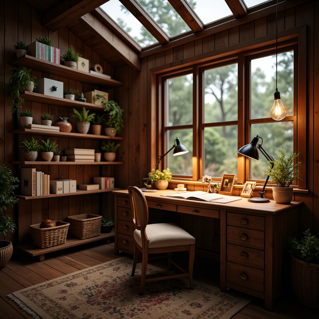 Prompt: Cozy craft room, warm wooden desk, creative workstation, task lighting, adjustable arm lamps, industrial metal shades, vintage Edison bulbs, soft warm glow, natural daylight, clerestory windows, rustic wood accents, woven basket storage, colorful fabric scraps, eclectic decorative objects, distressed finishes, ambient occlusion, shallow depth of field, 3/4 composition.