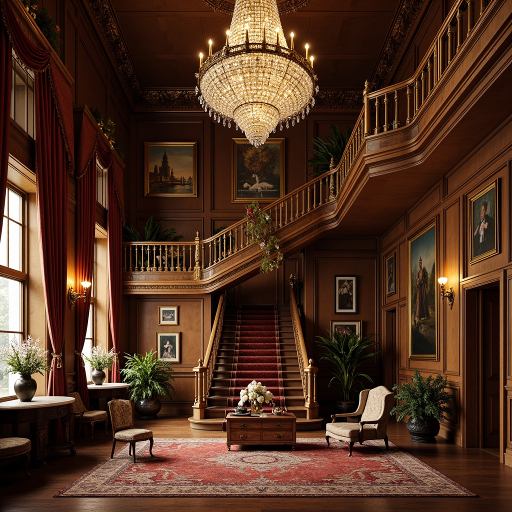 Prompt: Opulent Victorian mansion, grand staircase, ornate chandelier, crystal droplets, gilded metalwork, intricate carvings, velvet drapes, luxurious furnishings, rich wood paneling, lavish decorations, warm golden lighting, soft candlelight, dramatic shadows, 3/4 composition, realistic textures, ambient occlusion.