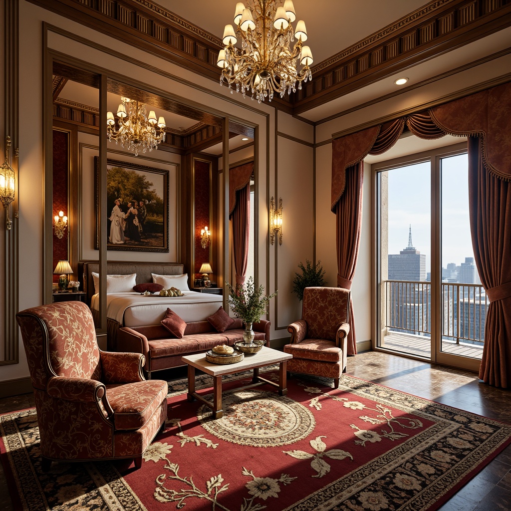 Prompt: Luxurious penthouse interior, traditional ornate furniture, rich velvet fabrics, intricate gold embroidery, plush carpets, crystal chandeliers, opulent drapery, ornamental mirrors, lavish marble floors, classic wooden paneling, elegant archways, grand staircases, spacious master bedroom, walk-in closet, en-suite bathroom, freestanding tub, separate shower stall, double sink vanity, luxurious amenities, stunning city view, floor-to-ceiling windows, warm golden lighting, shallow depth of field, 1/1 composition, realistic textures.