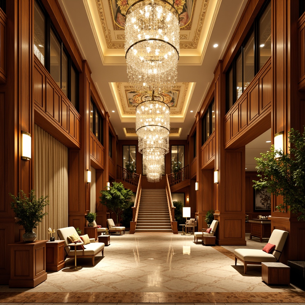 Prompt: Luxurious hotel lobby, rich wood paneling, ornate plaster ceilings, crystal chandeliers, velvet drapes, patterned carpets, elegant columns, intricate moldings, warm beige walls, soft golden lighting, classic European style, opulent furnishings, lavish decorations, grand staircases, sophisticated ambiance, high-end materials, tactile textures, 1/2 composition, shallow depth of field, realistic reflections.