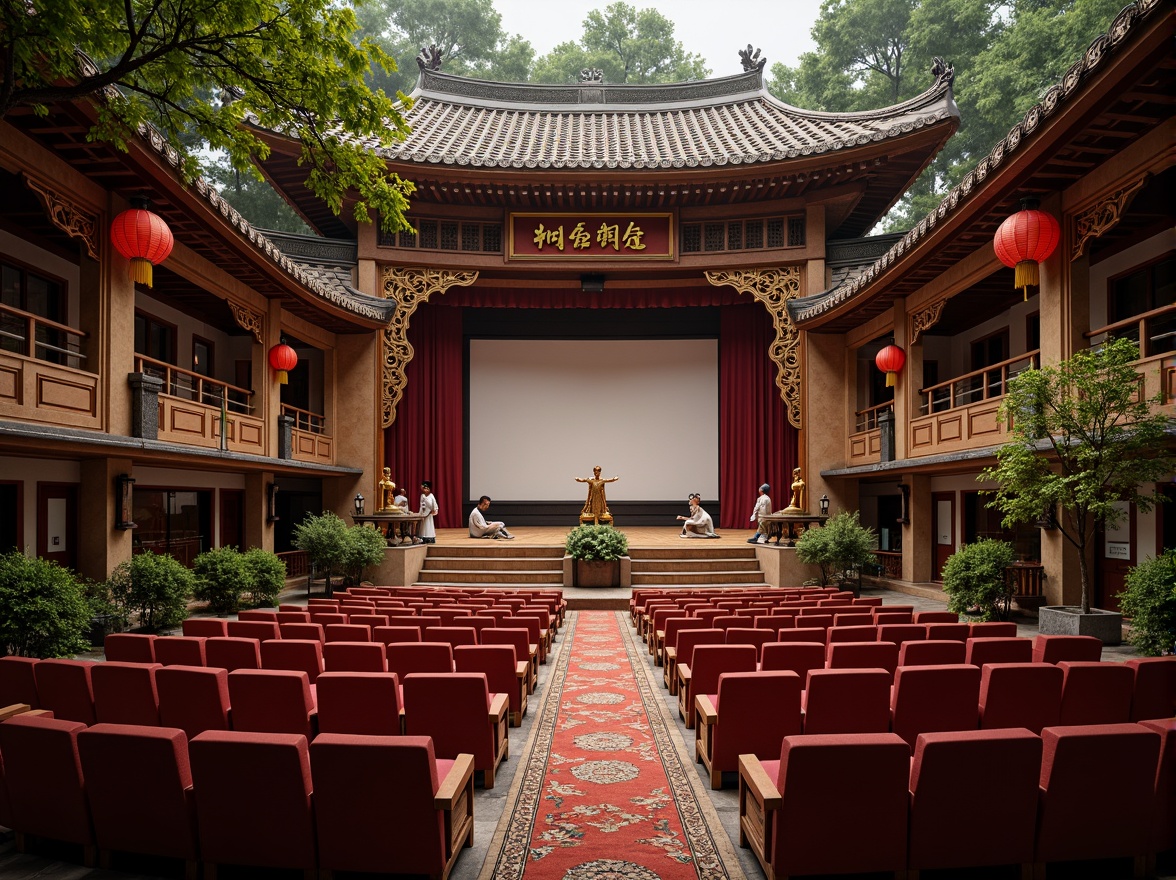 Prompt: Richly ornate theater, traditional Chinese architecture, curved tiled roofs, intricately carved wooden doors, vibrant red lanterns, golden accents, majestic stone columns, lush greenery, natural wood flooring, elegant silk curtains, dramatic stage lighting, warm soft focus, shallow depth of field, 1/2 composition, symmetrical framing, ornate patterned rugs, luxurious velvet seats, subtle warm color palette, earthy tones, rustic textures, atmospheric misting.