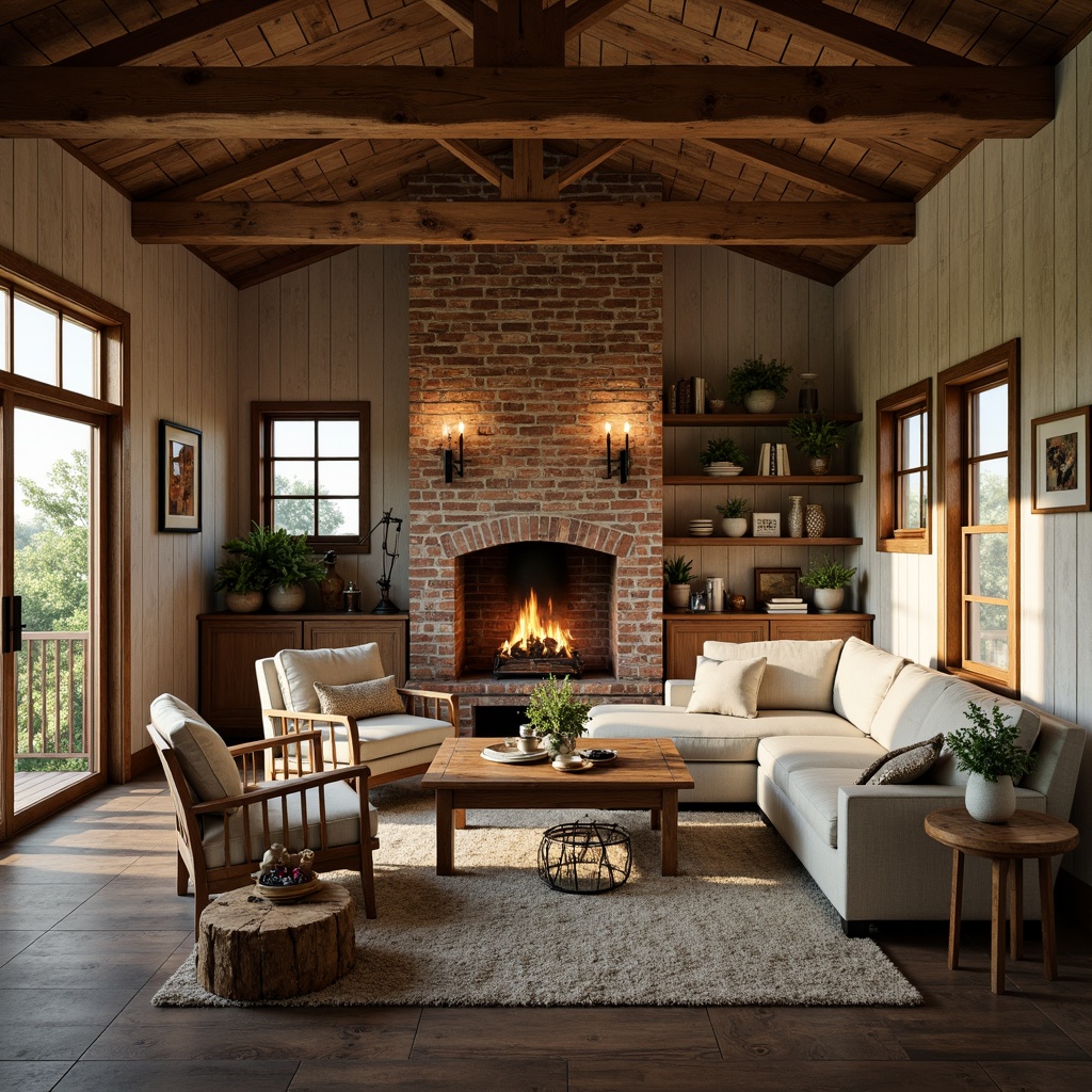 Prompt: Rustic farmhouse, shiplap walls, distressed wood textures, natural earth tones, vintage metal decorations, country-style windows, wooden beams, exposed brick chimneys, cozy living rooms, plush furniture, warm candlelight, soft afternoon sunbeams, 1/1 composition, shallow depth of field, realistic weathered effects.