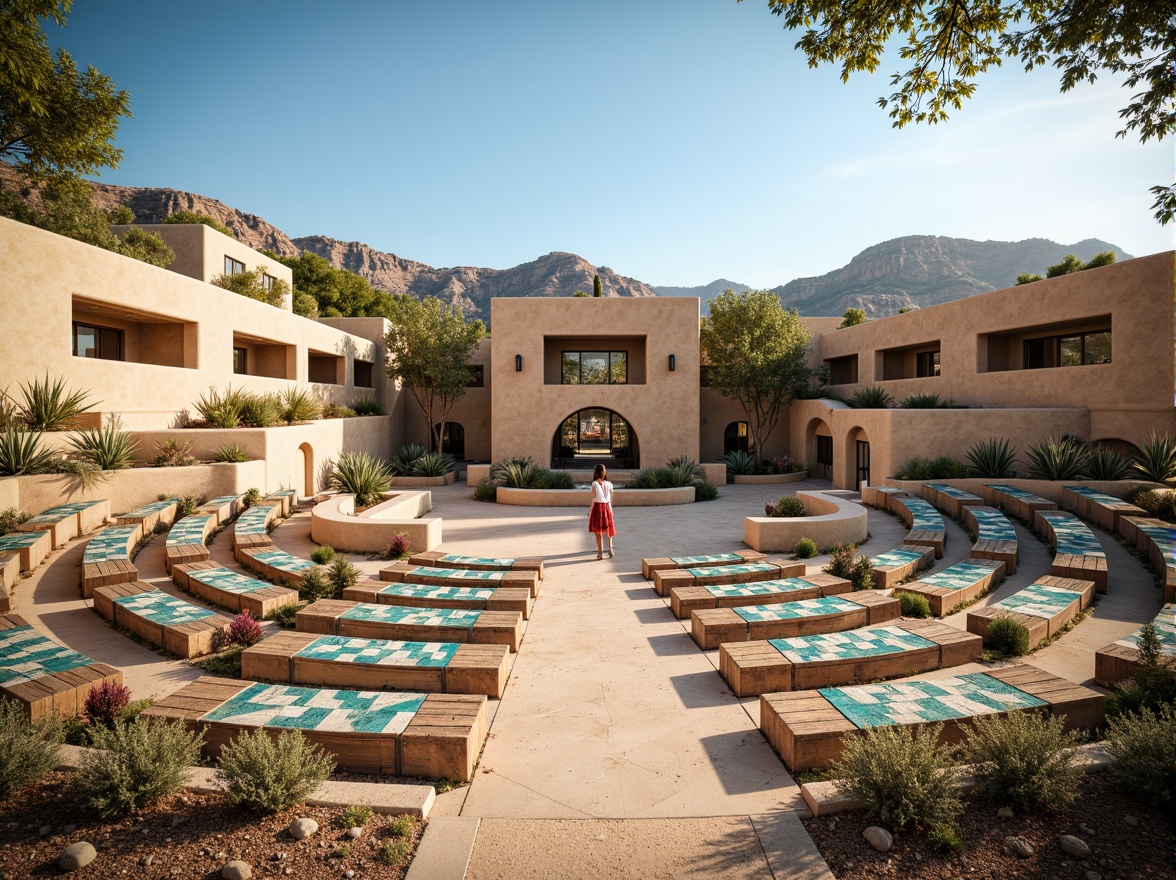 Prompt: Southwestern amphitheater, tiered seating, rustic wooden benches, vibrant turquoise accents, natural stone walls, adobe-inspired architecture, desert landscape, cacti plants, sunny day, clear blue sky, warm soft lighting, shallow depth of field, 3/4 composition, panoramic view, realistic textures, ambient occlusion, woven textiles, geometric patterns, ethnic-inspired motifs, modern innovative design, eco-friendly materials, sustainable construction methods.