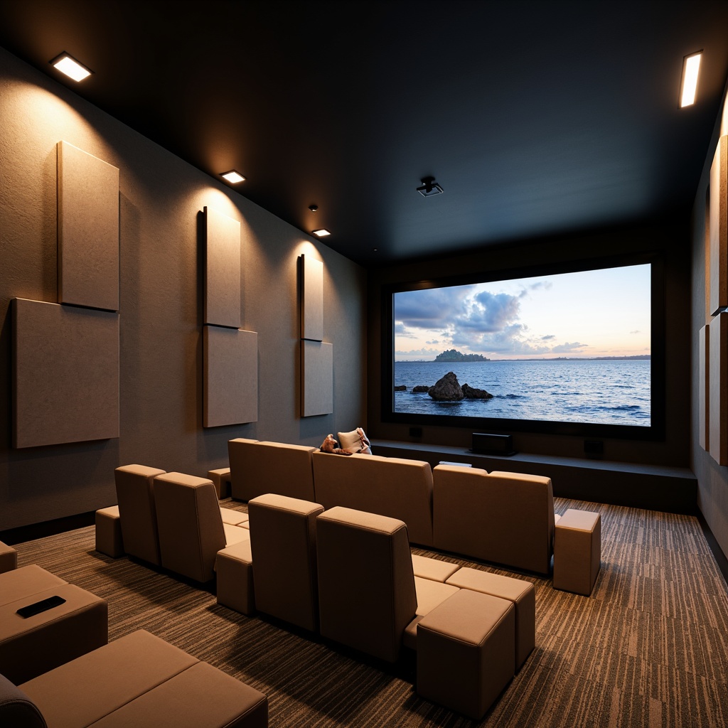 Prompt: Coastal cinema, ocean waves crashing, salty air, modern acoustic panels, sound-absorbing materials, geometric shapes, neutral color palette, sleek minimalist design, LED ambient lighting, comfortable seating, cinematic experience, immersive audio, 7.1 surround sound, crystal-clear dialogue, deep bass resonance, optimal speaker placement, wave-shaped diffusers, fabric-wrapped panels, sound-reflecting surfaces, natural wood accents, nautical-themed decor, calming atmosphere, warm sunset tones, soft warm lighting, shallow depth of field, 2/3 composition, cinematic framing.