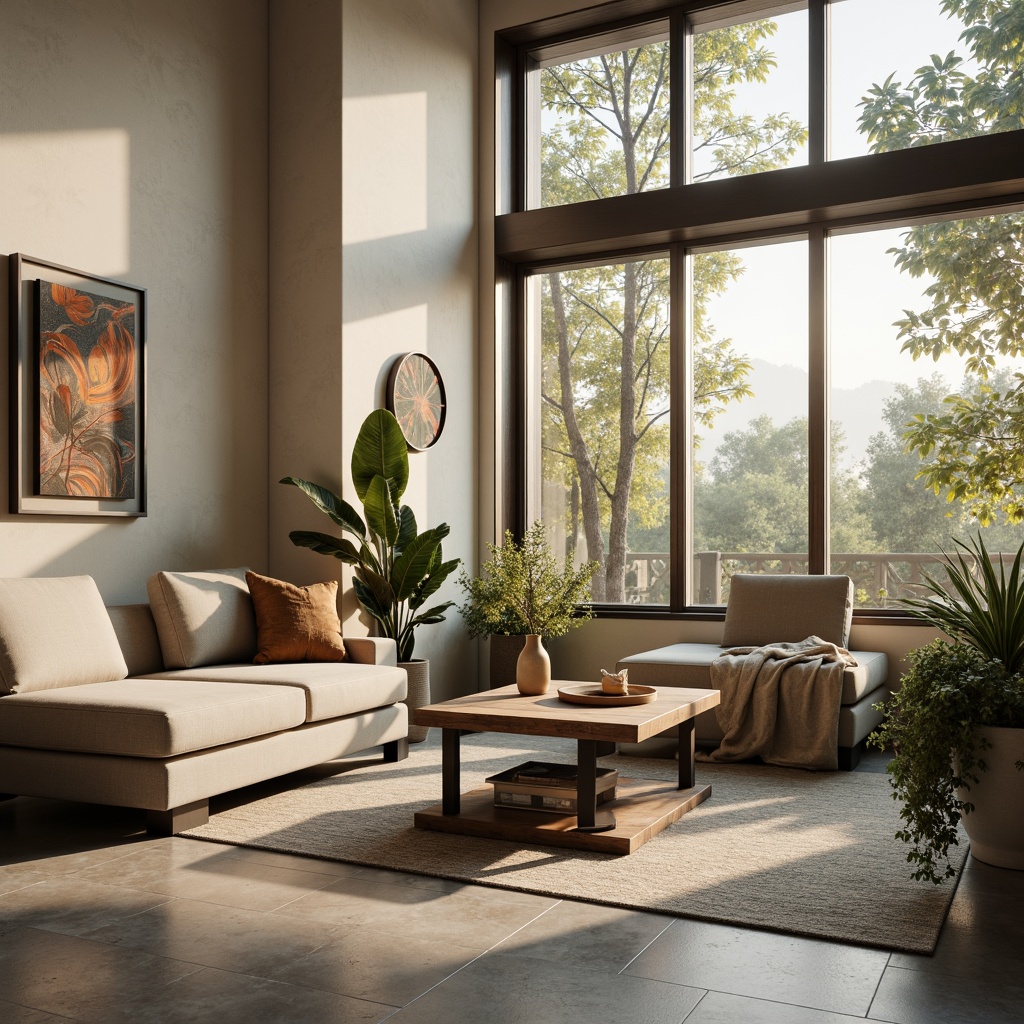 Prompt: Mid-century modern living room, sleek wooden coffee table, plush velvet sofa, minimalist metal legs, tufted ottoman, abstract artwork, floor-to-ceiling windows, natural light pouring in, soft beige walls, polished concrete floors, greenery plants, cozy reading nook, warm ambient lighting, 1/2 composition, shallow depth of field, realistic textures.