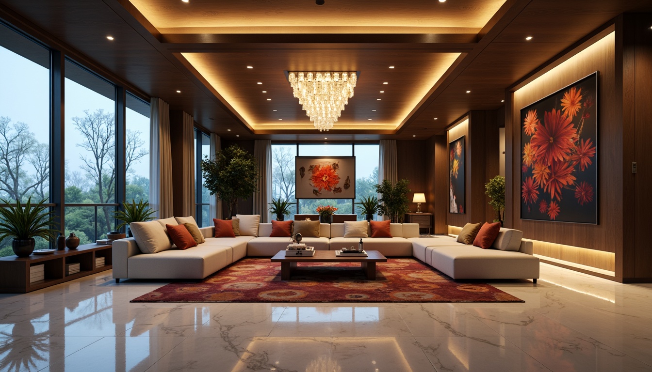 Prompt: Sophisticated living room, sleek furniture, polished marble floors, warm ambient lighting, floor-to-ceiling windows, minimalist decor, modern chandeliers, recessed LED lights, cozy reading nooks, plush area rugs, vibrant artwork, statement walls, geometric patterns, softbox diffusers, indirect cove lighting, 1/2 composition, cinematic atmosphere, realistic reflections, subtle color grading.