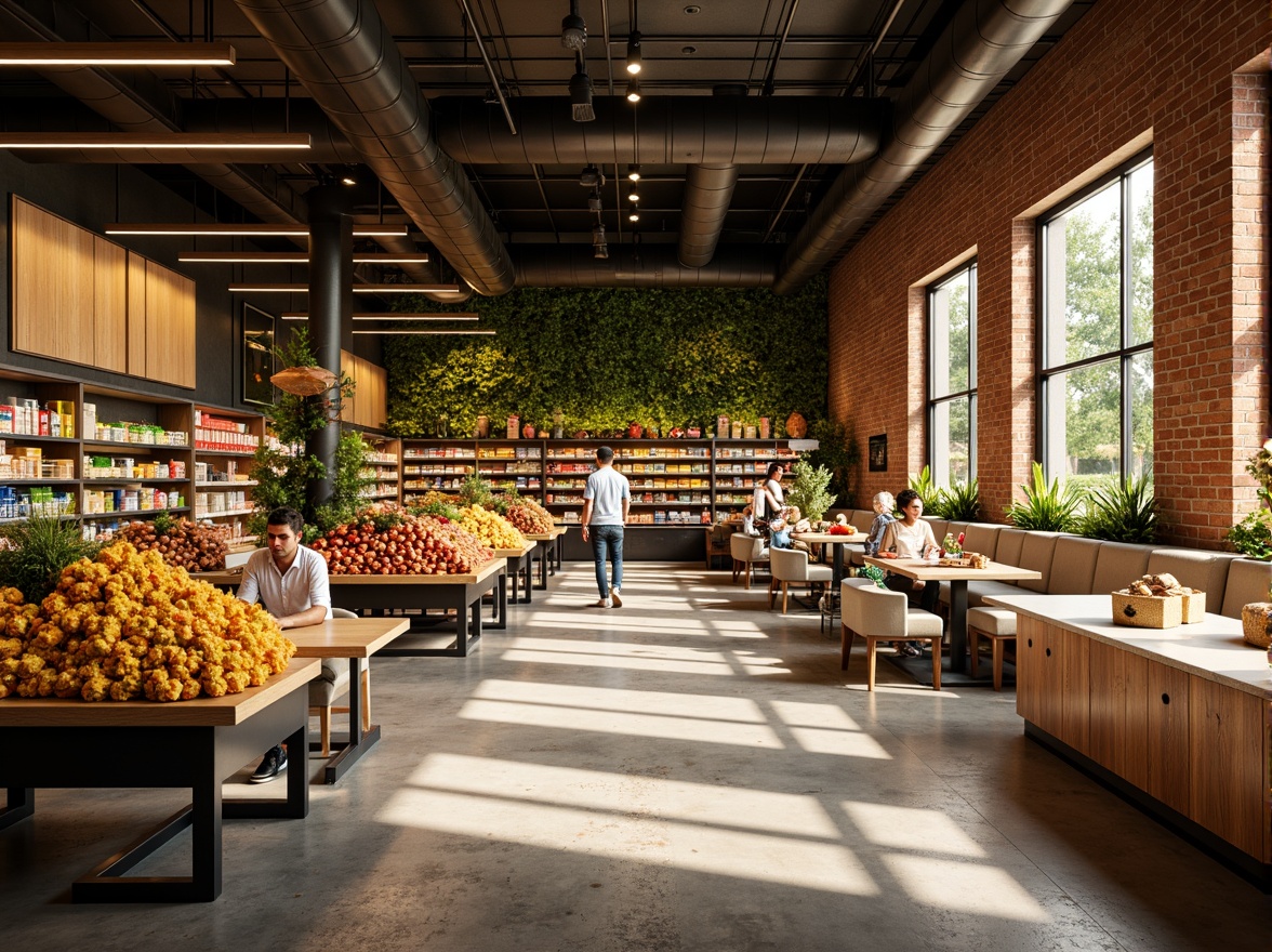 Prompt: Vibrant grocery store, warm earthy tones, rich wood accents, fresh produce displays, colorful food packaging, modern industrial lighting, exposed ceiling ductwork, polished concrete floors, sleek metal shelves, cozy corner seating areas, lush greenery walls, natural stone countertops, abundant sunlight, soft warm atmosphere, shallow depth of field, 2/3 composition, realistic textures, ambient occlusion.Please let me know if this meets your requirements or if you need further adjustments!